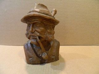 Black Forest Hand Carved Wood Bust Of German Burgher Man Vintage