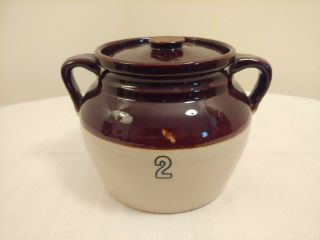 Antique Vintage 2 Quart Crock Bean Pot Brown & White Stoneware W/ Lid & Handles
