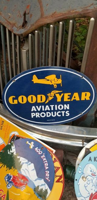 Rare Old Vintage 1939 Goodyear Aviation Tires Porcelain Sign Gas Pump Airplane