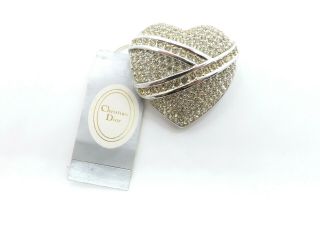 Christian Dior Silver Tone Pave Heart Brooch With Crystals,  Vintage Nwt