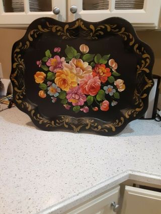 Large Tole Tray Hand Painted Floral Vintage