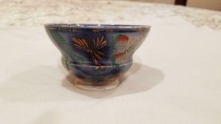 Antique Flow Blue Gaudy Welsh Handleless Cup W/ Red Gold Green Accents