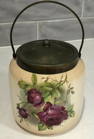 Gorgeous Antique Vintage C.  1900’s Biscuit Barrel With Red Roses Made In England