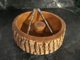 Vintage Rustic Small Wood Tree Bark Nut Bowl W/cracker 7” Adirondack