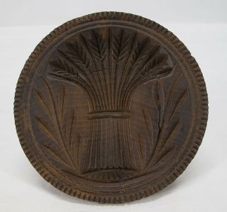 Antique 19th Cent Large Carved Wood Butter Print Stamp Mold W/wheat Sheaf 1 Yqz