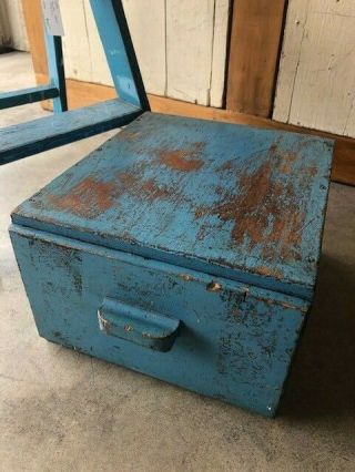 Antique Vintage Blue Wood Box With Drawer