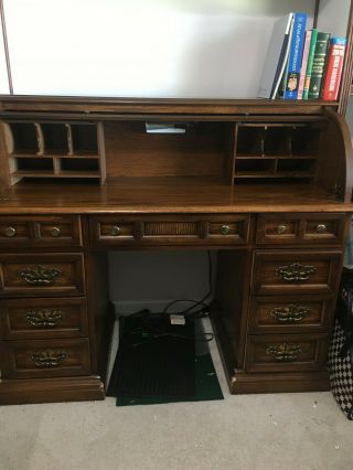 Solid Oak Roll Top Desk With Brass Handles And Knobs