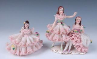2 Antique Dresden Art Porcelain Lace Figurines German Group Figure Lady Dancer