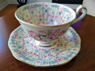 Vintage Queen Anne Royal Bridal Gown Cup & Saucer Orchids/stars/bows & Gold Trim