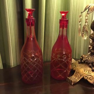 Vtg Czech Bohemian Red Cut To Clear Glass Decanter Stopper Wine Liquor - Pair 2