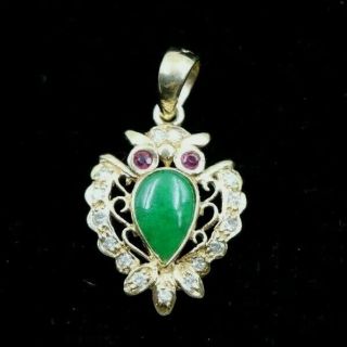 Vintage 14k Gold Apple Green Jade Diamond Ruby Owl Pendant