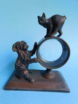 Whimsical Bronzed Metal Clock Case With Cat & Dog Circa 1900s A/f