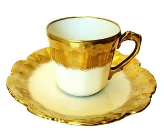 Antique Limoges France L.  S.  Straus Heavy Gold Gilt Demitasse Cup & Saucer 1890