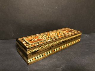 Old Marquetry Parquetry Inlay Wood Red Velvet Liner Trinket Jewelry Box 9 1/4 "