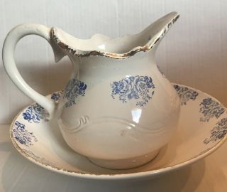 Vintage Porcelain Pitcher & Wash Basin Bowl Set Blue & White Floral.  Gold Trim.