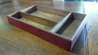 Vintage Primitive Divided Wood Tray Box Lap Joint Old Red Paint 13 1/2 " X 8 1/2 "