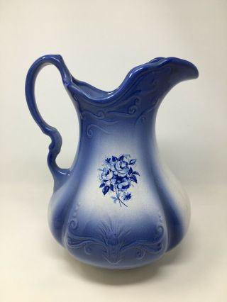 Vintage Blue And White Ironstone Pitcher Floral Farmhouse Home Decor