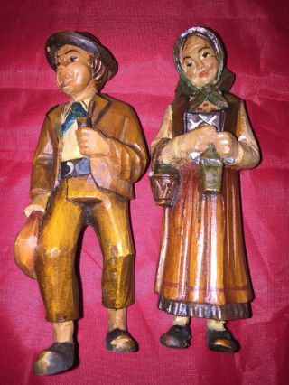 Vintage Hand Carved Wood Old Man/woman Figurine Statues Set Of 2