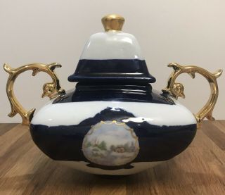 Antique Gold Gilded Cobalt Blue China Porcelain Sugar Bowl With Lid - No Mark.