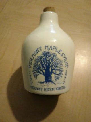Vermont Maple Syrup Bicentennial Stoneware Jug Grey Blue Glazed Cork Advertising