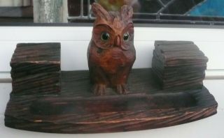Antique Black Forest Carved Wood Figural Glass - Eyed Owl Double Inkwell Stand