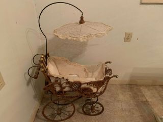 Antique Vintage Wicker Baby Doll Carriage Stroller Buggy With Umbrella Parasol