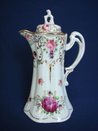 Antique Hand Painted Roses 3 - 1/2 Cup Chocolate Pot With Enamel Accents