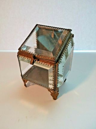 Rare Antique Beveled Crystal Miniature Jewelry Display Box - Tin Metal - Vgc