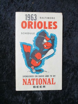 Vintage 1963 Baltimore Orioles Pocket Schedule Triple Fold National Beer Ex,