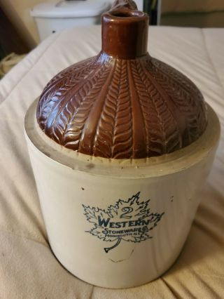 Antique Clay Crock 2 Gallon W Handle " Western Stoneware " Monmouth,  Ill Ornate Top