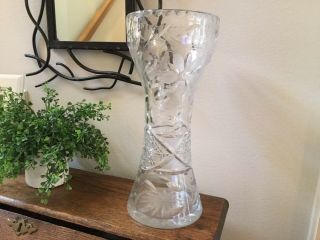 Vintage Elegant Cut Crystal Glass Vase W/etched Flowers Leaves Pattern 12 " Tall