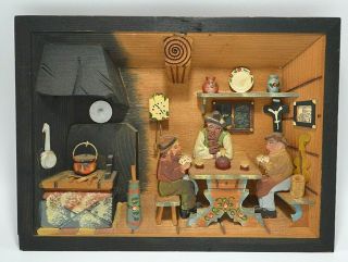 Vintage Hand Carved Folk Art Diorama 3d Shadowbox Men Playing Cards Hand Painted