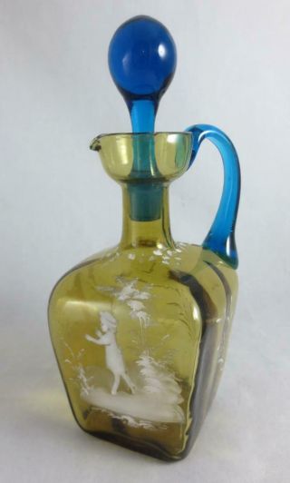 Antique/ Vintage Mary Gregory Hand Painted Glass Decanter Amber With Turquoise