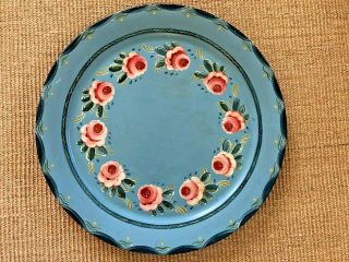 Vintage Hand Painted Toleware Round Metal Serving Tray 19 " Blue