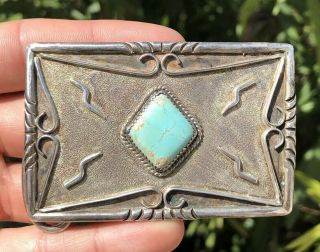 Vintage Old Pawn Navajo Stamped Sterling Silver Turquoise Belt Buckle - Signed