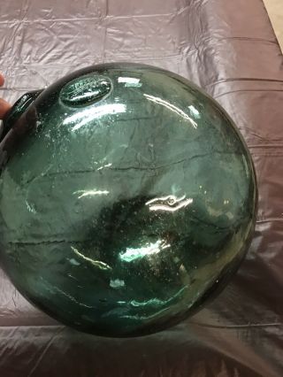 Vintage 12” Large Japanese Signed Blue Green Glass Fishing Ball Float 3