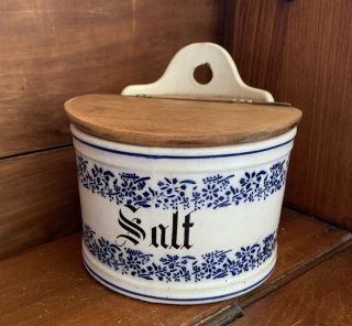Antique Blue & White Hanging Stoneware Salt Box W/ Lid Marked Gmt & Bro Germany