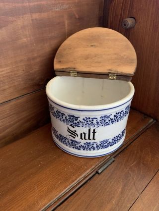 Antique Blue & White Hanging Stoneware SALT Box w/ Lid Marked GMT & Bro Germany 3