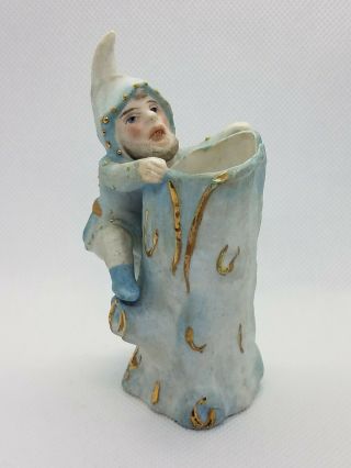 Spectacular Antique Painted Bisque Gnome Tree Trunk Vase Gilt Highlights