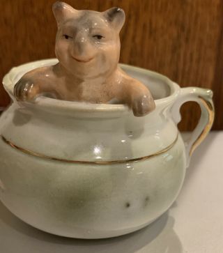 Antique German Pink Pig Porcelain Fairing Teddy Bear in a cup or pot Figurine 2