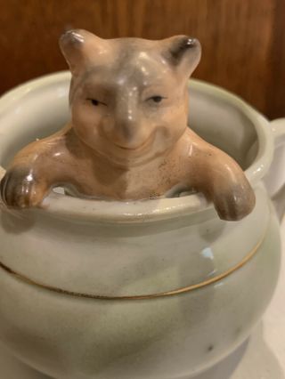 Antique German Pink Pig Porcelain Fairing Teddy Bear in a cup or pot Figurine 3