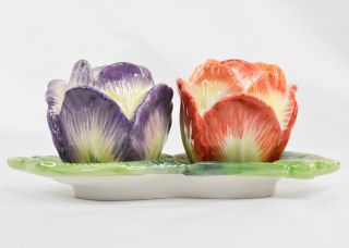 Fitz And Floyd Tulip Swan Series Spring Bouquet Salt & Pepper Shaker Set W/ Tray