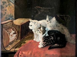 Antique Victorian Vintage Cat And Mouse Painting