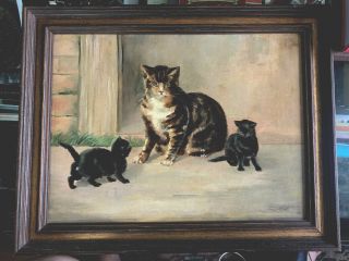 Victorian Antique Vintage Painting Cat And Kittens Signed 1904