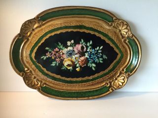 Vintage Oval Italian Florentine Gilt Tole Wood Tray Floral With Gold 12”x 8”