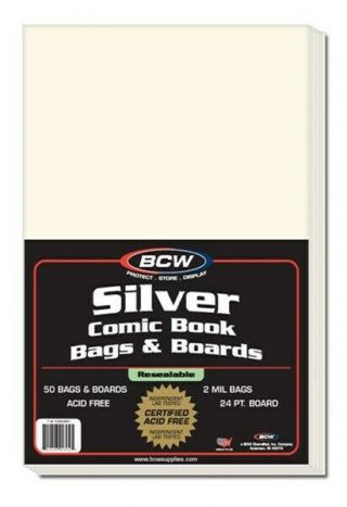 150 Bcw Resealable Silver Age Comic Book Bags,  Acid Backer Boards