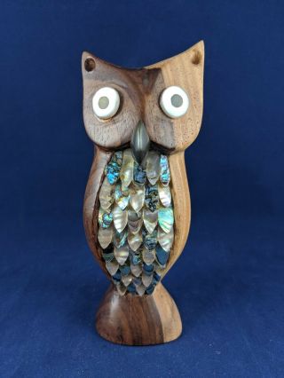 Vintage Rare Los Castillo Taxco Mexico Abalone Inlay Wood Owl Figurine