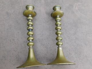 Rare Pair 17th Century Antique Brass Bronze Round Candlesticks Candle Holder