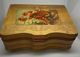 Antique Wood Dresser Jewelry Box Dovetailed Poppies Floral Mirrored Hinged