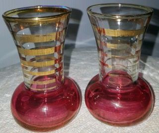2 Vintage Mini Clear Cranberry & Gold Gilded Glass Bubble Bottom Bud Vase 3.  5 "
